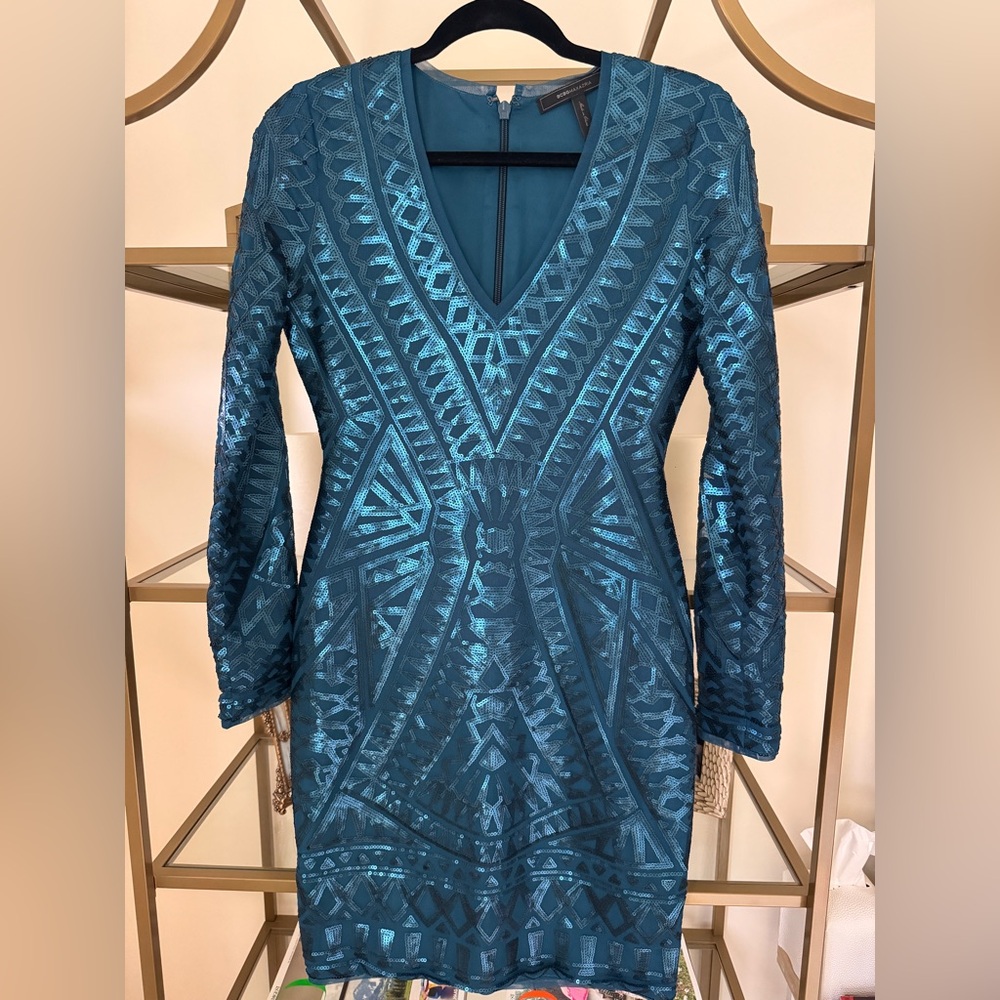 BCBG Max Azria long sleeved geometric pattern sequined blue dress.